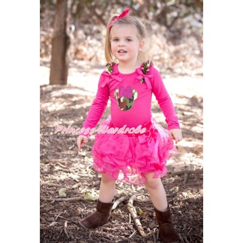 Hot Pink Bow Hot Pink Petal Pettiskirt with Matching Hot Pink Long Sleeve Top with Camouflage Ruffles & Hot Pink Bow & Sparkle Hot Pink Camouflage Minnie Print MW362 